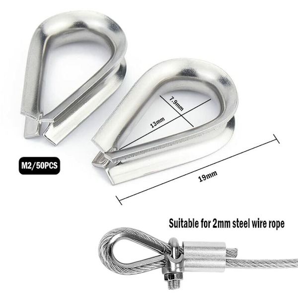 50 stk M2 Wire Rope Lugs Laget av 304 Rustfritt Stål Stålkabel Lug for Wire Rope 2mm