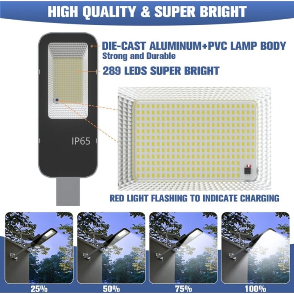 100W utendørs solcelle gatelys med fjernkontroll 289LED 10000mAh solcelle LED flomlys høy lumen LED gatelys 15000LM 6000K kald hvit IP65