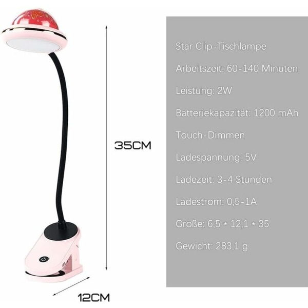Klipplampa för barn, USB-laddningsbar LED-klippläslampa med stjärnprojektion, 360° touch-dimmbar sänglampa (rosa)