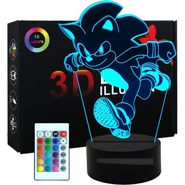 Sonic Hedgehog Lampe 3D Illusionsnattslys - 16 Fargevariasjoner/1 Fjernkontroll/1 Svart Base/-Romdekorativ Kreativ Anime Actionfigurgaver For Barn