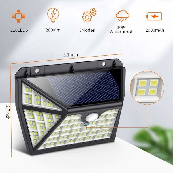 210 LED Ulkovalaistus Aurinkopaneelilla, AOPAWA 2 Pakkausta 270 LED Aurinkovoimalla Toimivaa Valoa Vedenkestävällä Liiketunnistimella, 2200mAh Ulkovalaistus Aurinkopaneelilla Langaton Virta