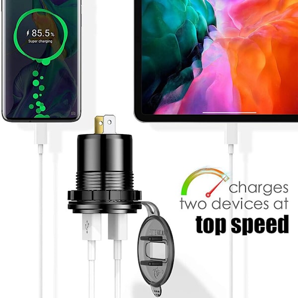 3.0 Dobbelt USB Billader Stikkontakt 12V/25V USB-lader med Tændingskontakt til Båd Lastbil Golfvogn Sort