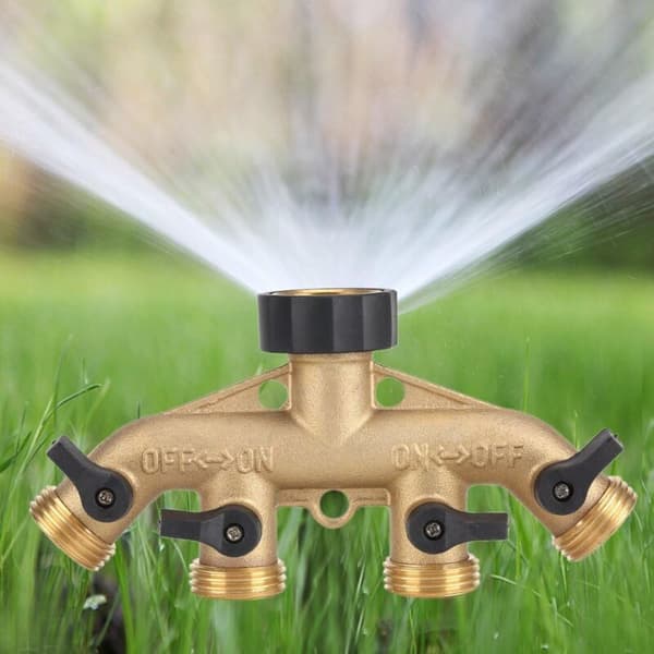 3/4 Trådgårdsslangeforbindelse Heavy Duty Messing 4-vejs Gåsehals Splitter Adapter Vandslange Lukkeventil Forbindelse til Plænehave