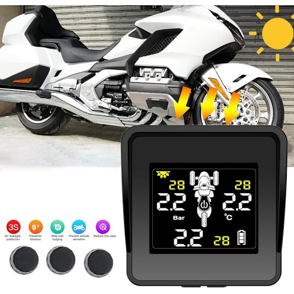 Solcellsbaserat trådlöst däcktrycksövervakningssystem TPMS däcktrycksmätare för LCD-display 3 externa sensorer