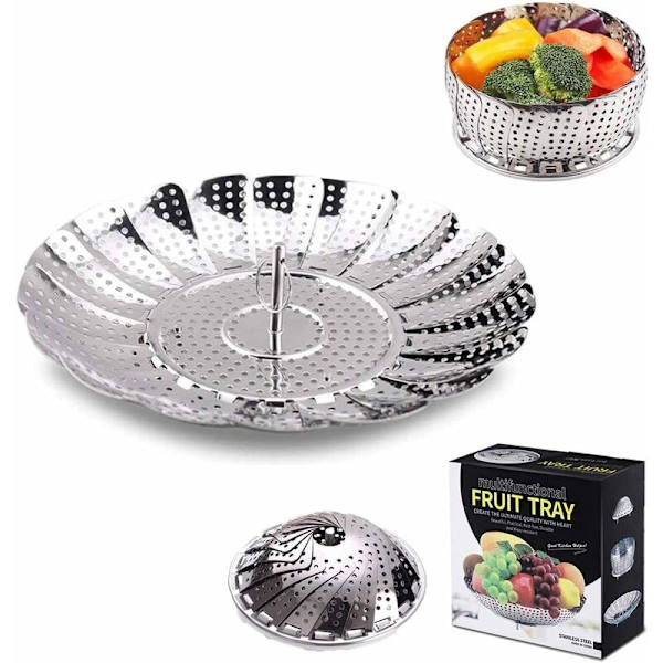 Taitettava höyrykori, keittiön sisäänvedettävä höyrykori ruostumattomasta teräksestä, vihannesten ja ruokien tai hedelmäkorin keittämiseen (teräs, 30 cm) -