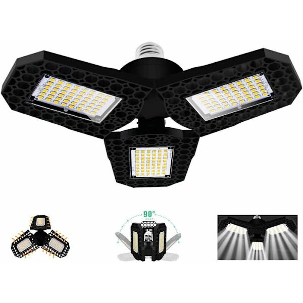 40W LED garasjelys, E27 deformerbart taklys med 3 justerbare paneler, superlys 3000LM kaldt hvitt, for garasjeverkstedlagerkjeller