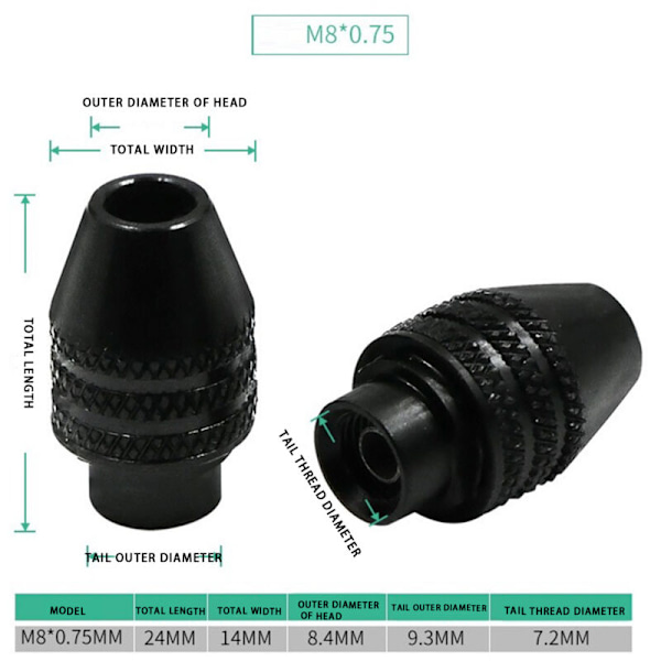 10 st Mini Multifunktionell M8 Nyckellös Borrchuck för Rotationsverktyg M8X0.75 Tre Backar Byte