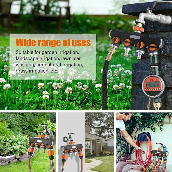 4-vejs Vandingsfordeler - 3/4\" og 1/2\" Vandfordeler med Hanekran til Samtidig Tilslutning af to Enheder, Justerbar Vandstrøm, Adapter