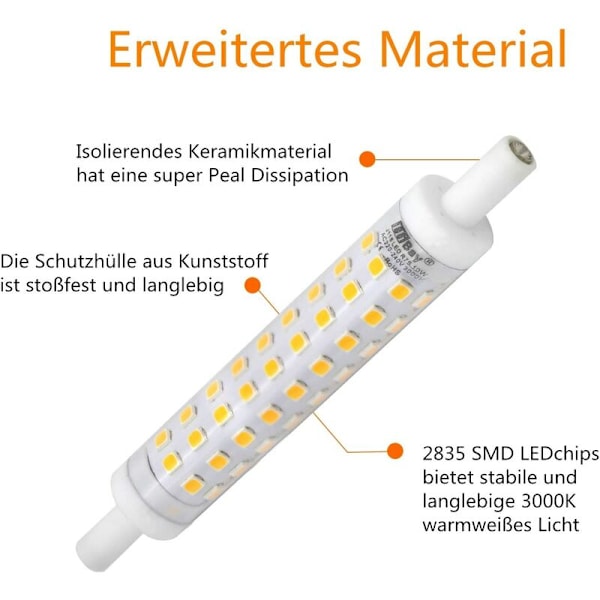 2-pack R7s LED-lampor, 118mm, Varmvit, 3000K, J118-lampa, 10W, Ersätter 80W Halogenlampa, Flimmerfri, 230V AC, 800lm, 360° [Energiklass A++]