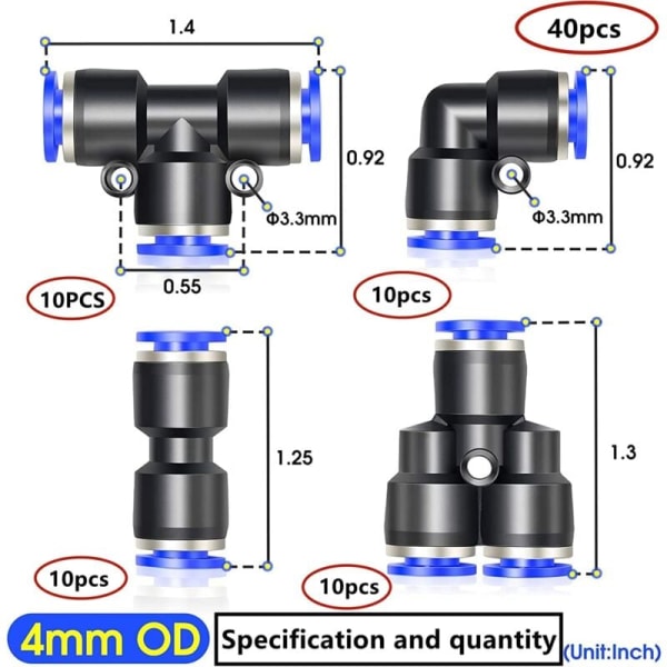 40PCS Pneumatisk Koppling Pneumatisk Koppling 4mm Komprimerad Luft Snabbkopplingar 4 Former för Tätning Komprimerad Luft Rörmontering-Typ-Y/T/Rak/Vinkel