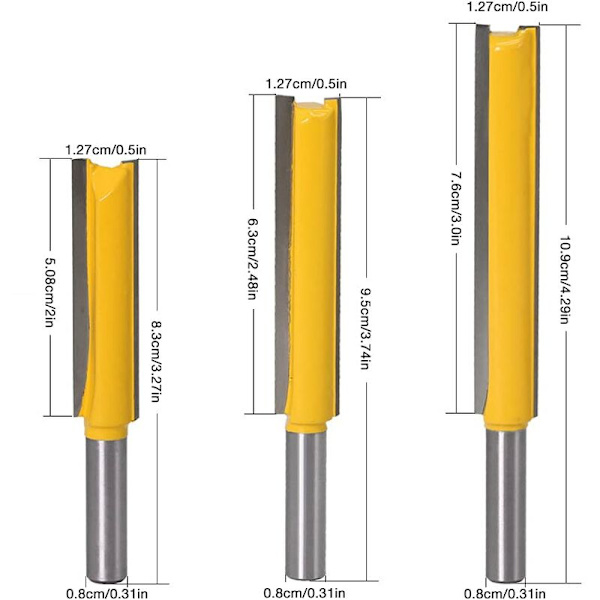 8mm Notfræser, 3 stk. Ekstra lang lige fræser bitsæt trænotfræser bitsæt lige skæreblad