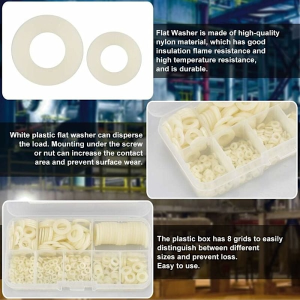 500 st Nylonbrickor i Plast, Platta Brickor M2/M2.5/M3/M4/M5/M6/M8/M10 Vita Tätningsbrickor för Industriella Fästelement