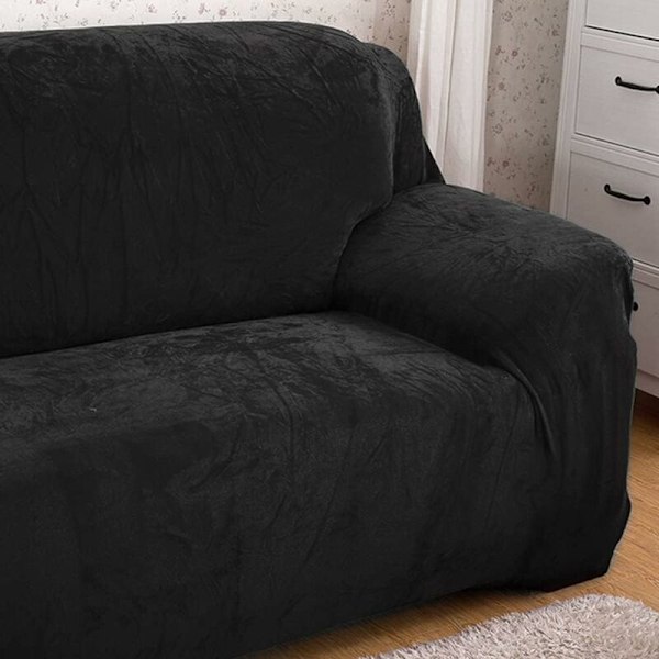 Tjocka Soffaöverdrag 1/2/3/4 Sitsplatser Enfärgad Soffa Skydd Sammet Enkel Passform Elastisk Stretch Soffa Överdrag (Svart, 2 Sitsplatser 145-185cm)-DENUOTOP
