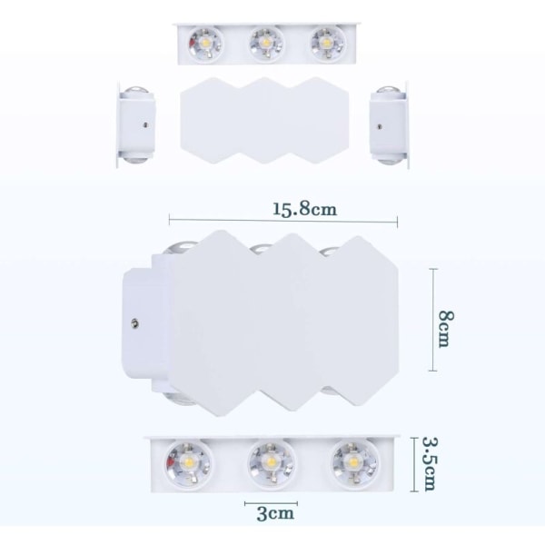 6W LED innendørs vegglampe, moderne rektangulær vegglampe opp ned spot, aluminium veggbelysning kaldt hvitt lys 6000K, for stue soverom trapper C