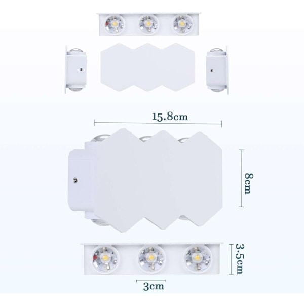 6W LED-seinävalaisin sisätiloihin, moderni suorakulmainen seinävalaisin ylös-alas-kohdevalo, alumiininen seinävalaisin viileän valkoinen valo 6000K, olohuoneeseen, makuuhuoneeseen, portaisiin C