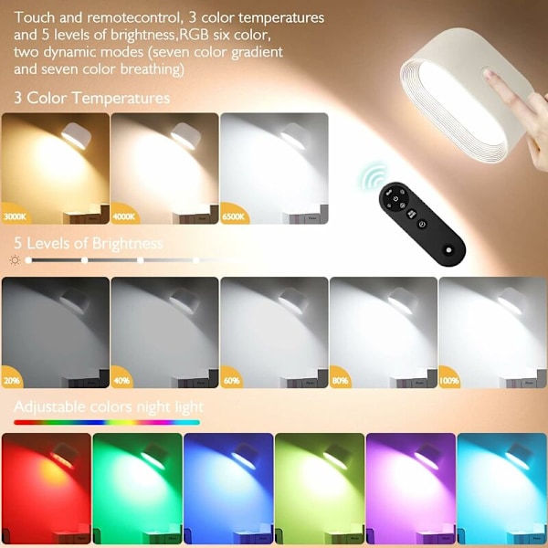 Laddbar LED-vägglampa för inomhusbruk med touchkontroll, RGB-dimmbar, 360° rotation, laddningsbar väggbelysning, magnetisk korridorlampa för sovrum, hall