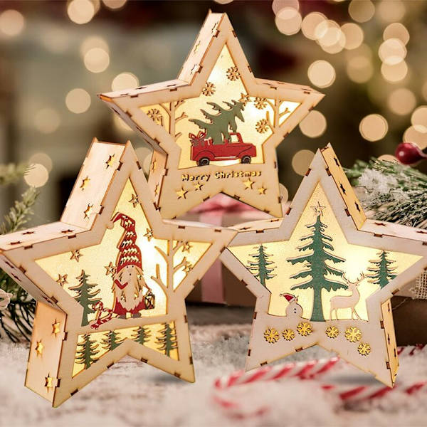 Juldekoration för Fönster, 3 st Julstjärnor med Ljus, LED Träbelyst Juldekoration, Trähängande Ornament för Julgran, DI