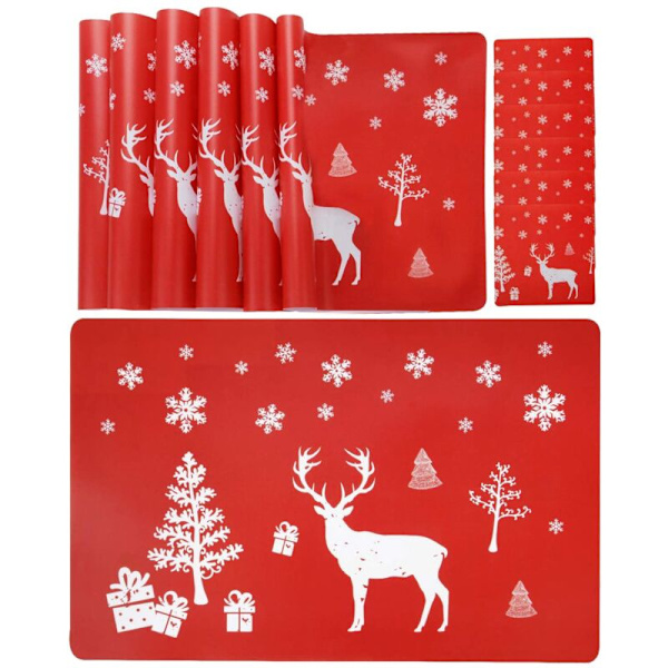 Julbordstabletter 6-pack & Muggunderlägg, Julgran, Snöflingemönster (Röd)