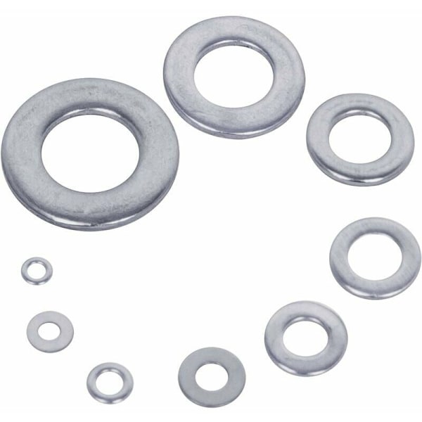 Metallskiver (580 stykker) med plastboks - 9 forskjellige størrelser av rustfrie stålskiver M2, M2,5, M3, M4, M5, M6, M8, M10 og M12 - Utvalg av