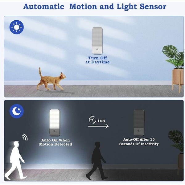 Automatisk LED-nattlampa, USB-uppladdningsbar rörelsesensor nattlampa, PÅ/AUTO/AV, Naturligt vitt skåpsljus, Magnetisk, för vardagsrum, sovrum