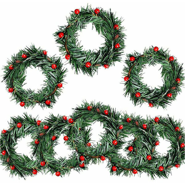 8 stk. Holly Candle Ring Små Kunstige Røde Bær Furu Nåler Girlander for Jul Girlander Ornamenter Dekor