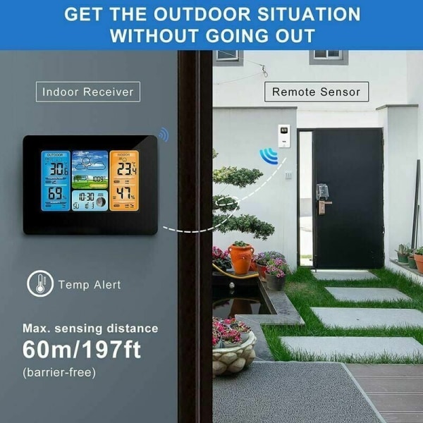 Trådløs vejrstation Vejrur, Farverig digital med udendørs sensor, Udendørs indendørs termometer med dato Temperatur Fugtighed Barometer Al