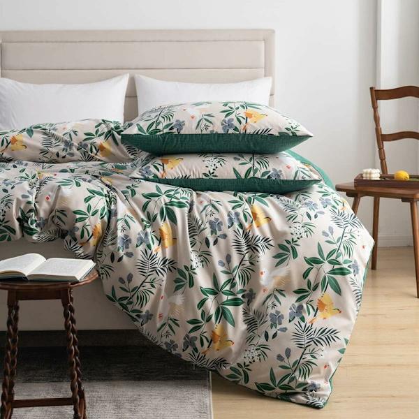 Påslakan 240*260cm Beige Grön Bladmönster Floral Botanisk Sängkläder Set med Dragkedja - Vuxen Dubbelsidigt Sängkläder Set med 2 Örngott 50*75cm
