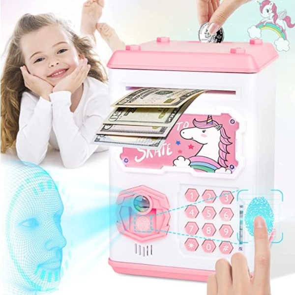 Simulering Ansiktsigenkänning Spargris ATM Kontanter Lösenord Rulla Automatisk Pengar Säkerhetsbox Pengar Pedagogisk leksak Unicorn