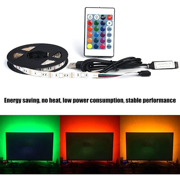 LED-lysstripe, LED-lysstriper med USB-kabel og 24 taster fjernkontroll RGB-farge for takbelysning og dekorasjon