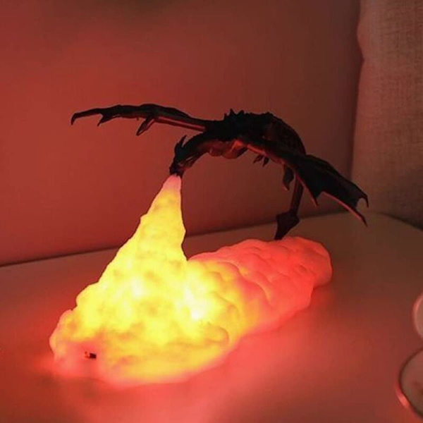 Ilddrage-lamper, 3D-trykte vulkan-drage-lamper USB-genopladelig månenatlys, bordlampe