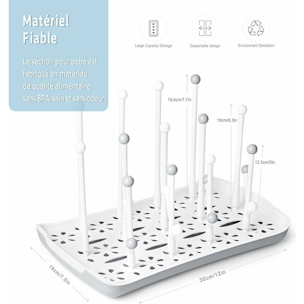 Babyflasketørker med avtakbar vannbrett, Ideell babytørker for flasker, smokker, kopper, pumpedeler og tilbehør (grå)