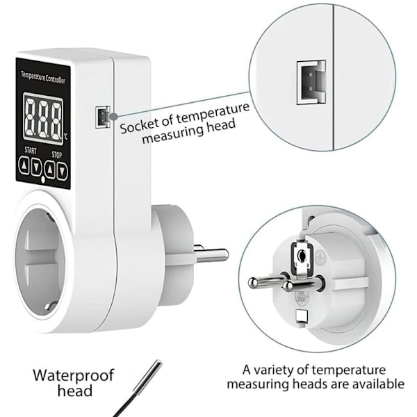 1 Termostat Stikkontakt med Sensor, Digital Temperaturstyring Stikkontakt, Vandafvisende Temperaturskifter, EU Stik