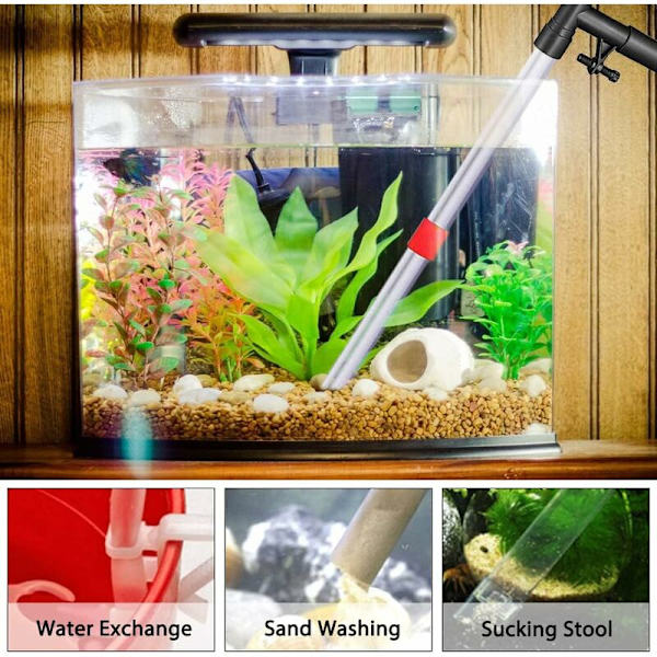 Akvariegrusrengörare, 3 i 1 Akvarievattenväxlare, med lufttryckknapp och vattenflödesregulator för vattenbyte, tvättsand, akvarium