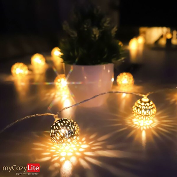 Led Globe String Lights, 20 Guld Metallbollar Med Mönster, För Bröllop, Semester, Jul, Inomhus, Utomhus, Med Timer, 3 Meter, Utbyggbar