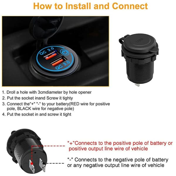 Hurtiglader 3.0 Dobbel USB Billader Socket Vanntett 12V/24V QC3.0 Lader Socket Strømuttak med Berøring Bryter C