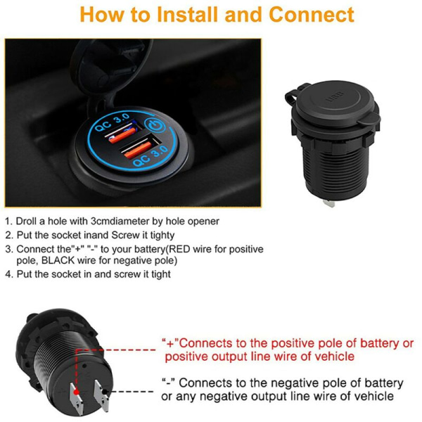 Snabbladdning 3.0 Dubbel USB-billaddare Uttag Vattentät 12V/24V QC3.0 Laddaruttag Strömuttag med Touch Switch C