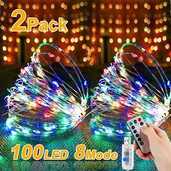 LED-ljusslingor, 2 stycken, 10 m, 100 LED USB-ljusslingor, Vattentät kabel med strömbrytare, Koppartråd Ambient Light Chain för sovrum, inomhus, jul