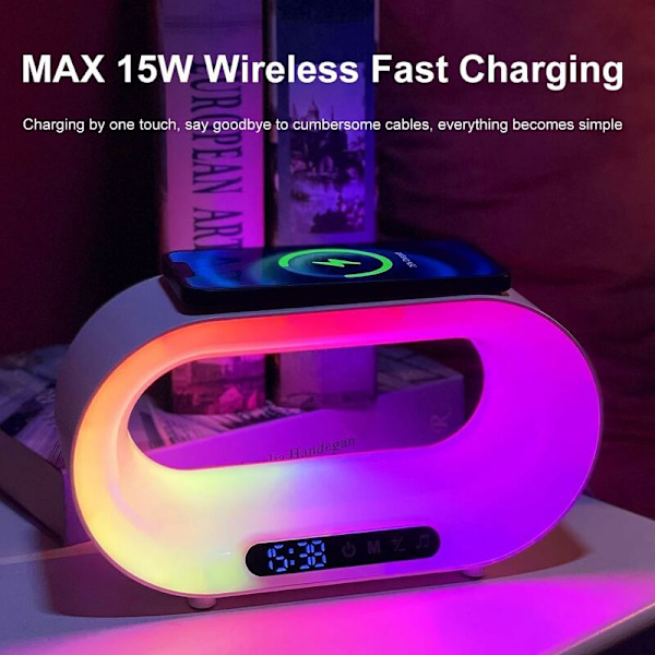 Yövalo langattomalla latauksella, Bluetooth-kaiutin herätyskellolla, soikea langaton lataus, USB-C-liitäntäinen tunnelmavalo, himmennettävä LED-pöytälamppu