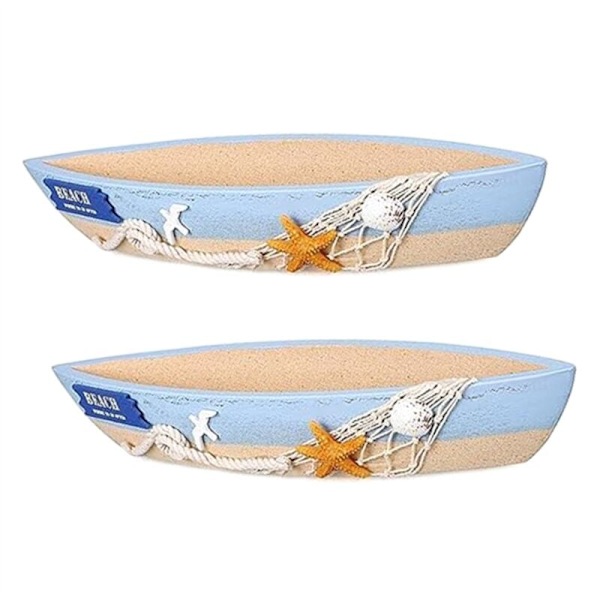 Dekorativ träbåtbricka med segelbåtsmodell, 2-pack, blå båtmodell, nautisk inredning, strand, hav