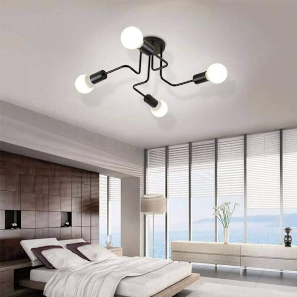 Moderne taklamper Industriell metallbelysning, 4 lamper E27 LED taklampe, moderne svart taklampe for stue soverom