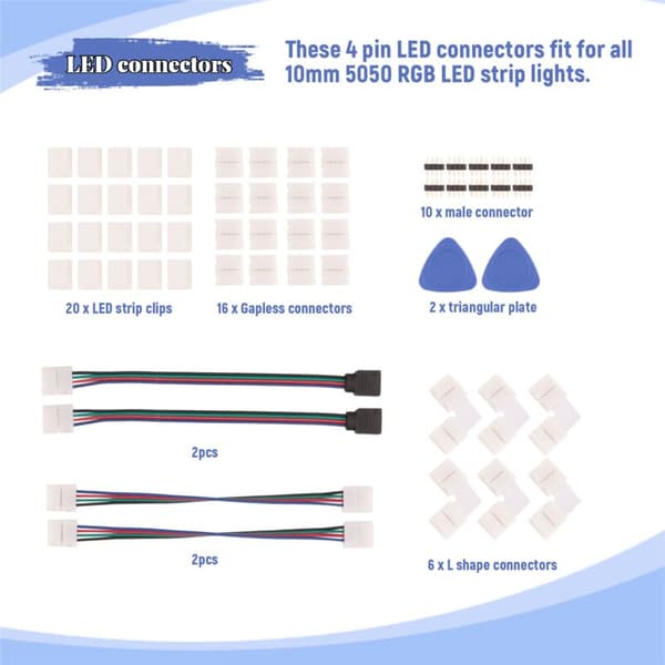 LED-strimmelforbindelse 4-benet 10 mm loddefri RGB-lysbåndsforbindelse til 5050 SMD - Gapless-forbindelser, L-formede forbindelser