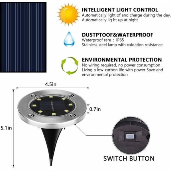 Solcellelys Udendørs 8 LED Solcellehavelys 3000K Varmt Hvid Vandafvisende IP65, LED Udendørs Spotlight Indbygget, til Udendørs, Have, Terrasse, Græsplæne, Y