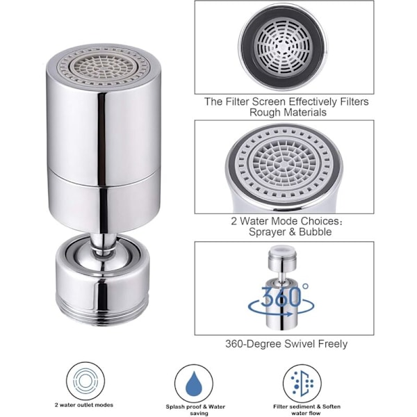 Vannkran Aerator 360～ Svingbar 2 Moduser Justerbar Bad/Kjøkkenkran Tilbehør - 24mm Hanngjenger