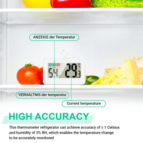 Minikjøleskapstermometer med lettlest LCD-skjerm, perfekt hygrometer for innendørs, utendørs, restauranter, barer Hvit
