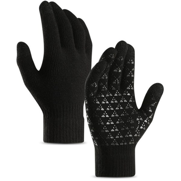 Stickade pekskärmshandskar, tjock fleece anti-halk köldbeständiga handskar (svarta män)
