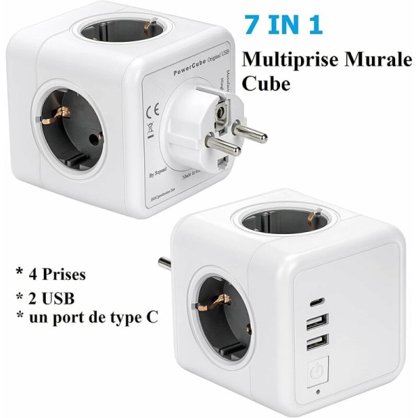 Flera USB-uttag, kubformad väggkontaktlist med 4 uttag och 2 USB-portar, 1 typ C-port, 7 i 1 USB-kontaktlist med strömbrytare, USB-väggkontakt