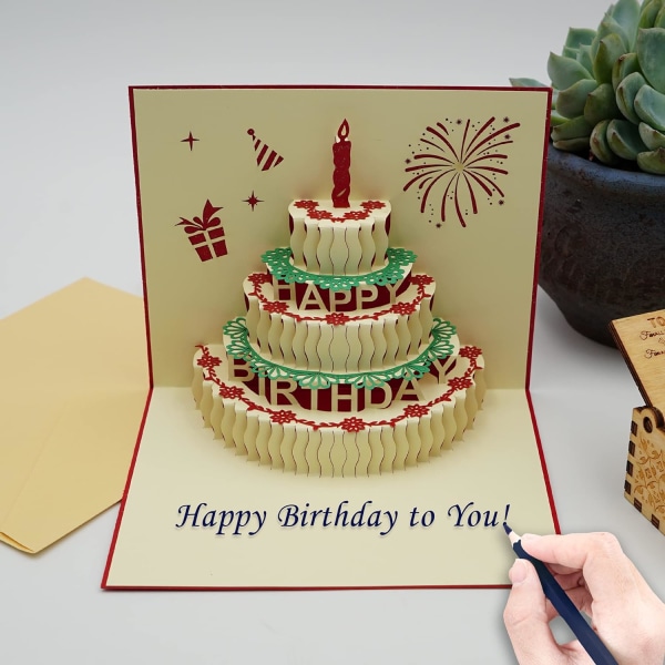 2 syntymäpäiväkorttia, 3D pop-up -hyvä syntymäpäiväkortti, käsintehty syntymäpäiväkakkukuviokortti, taitettu syntymäpäiväkortti kirjekuorella