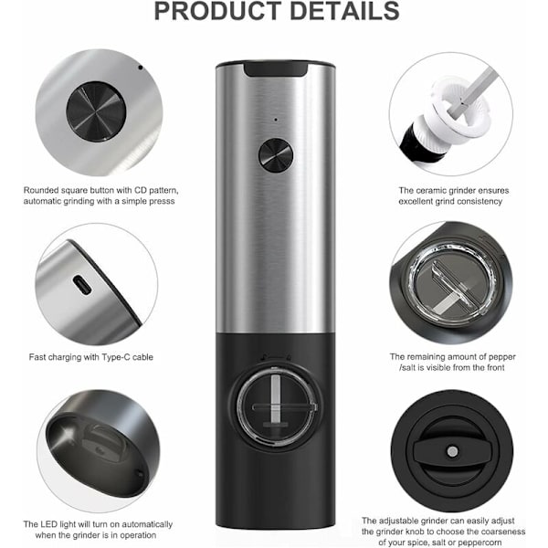USB-oppladbar elektrisk pepperkvern Justerbar grovhet Elektrisk salt- og pepperkvern Automatisk krydderkvern med LED-lys, Holdbar She