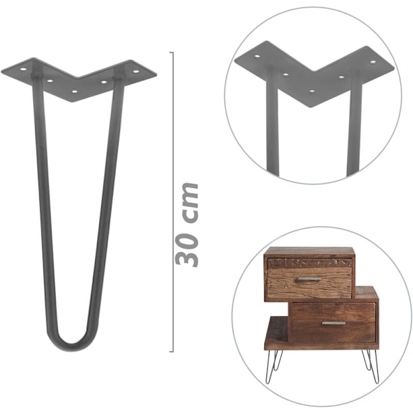 Bordbein i stål for møbler og skrivebord, 2 stenger, 30 cm, 4-pakning