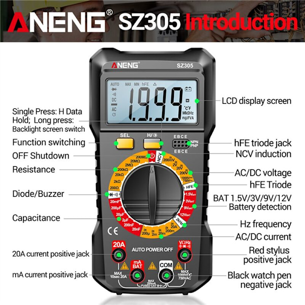 SZ305 1999 Räknare Multimeter Kondensator Testare Smart Voltmeter AC/DC Spänning Ström Resistans Ohm Testverktyg Svart